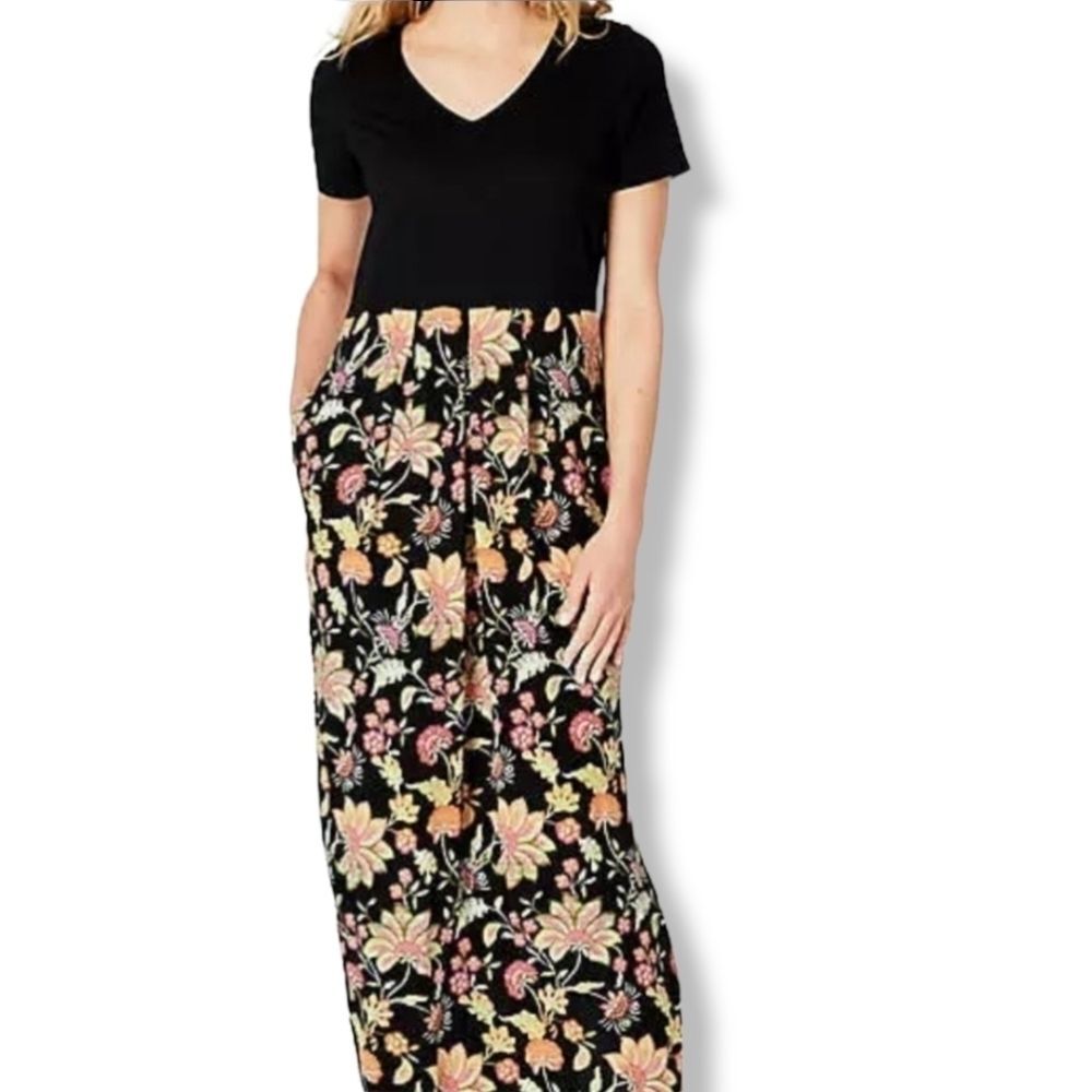 J. Jill Mixed-Media Floral Black Maxi Dress Small